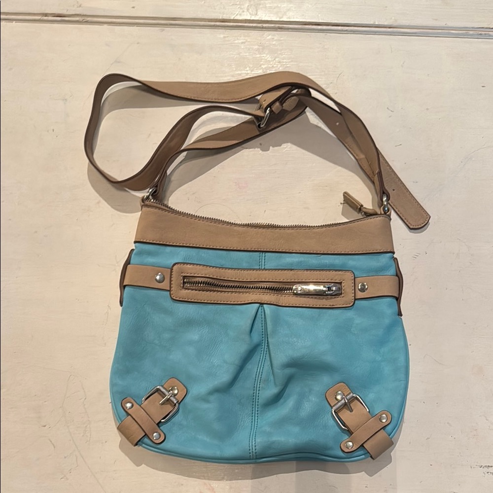 Tan and Blue Women's Crossbody Bag